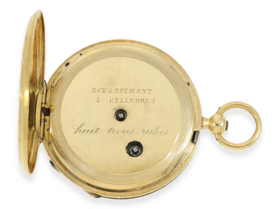 Taschenuhr/Chatelaine: feine Gold/Emaille-Damenuhr mit originaler Goldchatelaine mit Schlüssel und Siegel sowie Originalbox, vermutlich Genf um 1850 - photo 6