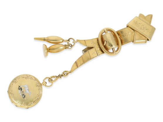Taschenuhr/Chatelaine: feine Gold/Emaille-Damenuhr mit originaler Goldchatelaine mit Schlüssel und Siegel sowie Originalbox, vermutlich Genf um 1850 - photo 8