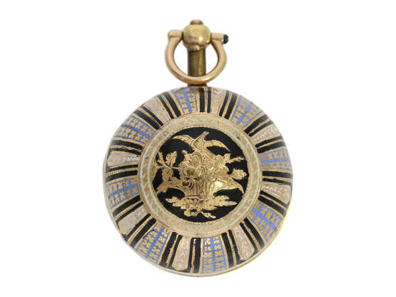 Anhängeuhr/Formuhr: prächtige, kugelförmige Gold/Emaille-Anhängeuhr, sog. "Boule de Geneve", Patry & Chaudoir à Genève No. 627, circa 1800 - Foto 2