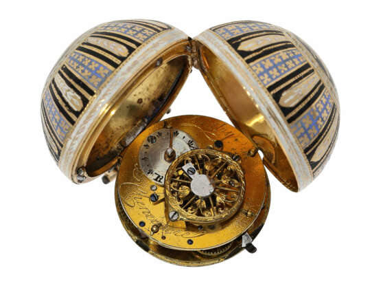 Anhängeuhr/Formuhr: prächtige, kugelförmige Gold/Emaille-Anhängeuhr, sog. "Boule de Geneve", Patry & Chaudoir à Genève No. 627, circa 1800 - Foto 3