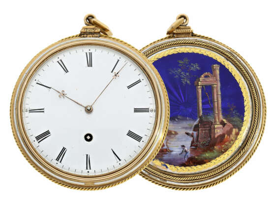 Taschenuhr: hochfeine, besonders große Gold/Emaille-Taschenuhr mit besonderer Werksqualität, vermutlich Genf um 1830 - фото 1