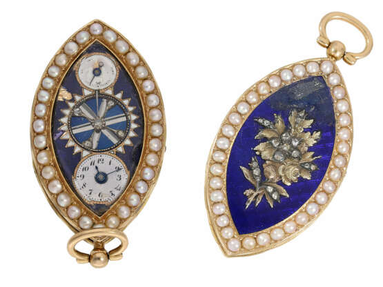 Anhängeuhr: museale, außergewöhnlich große Gold/Emaille-Anhängeuhr mit Perlen- und Diamantbesatz, zugeschrieben Piguet & Capt à Geneve, mit Originalbox, ca. 1810 - фото 1