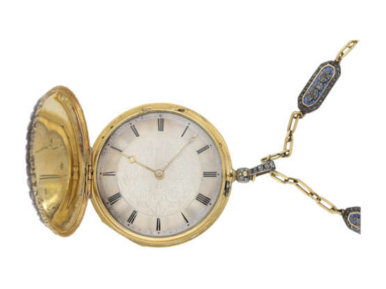 Taschenuhr/Halsuhr: einzigartige, große Gold/Emaille-Halsuhr mit Diamantbesatz und dazugehöriger originaler Halskette, vermutlich um 1830/1885, vermutlich Präsentuhr von Prinz Frederik der Niederlande - photo 5