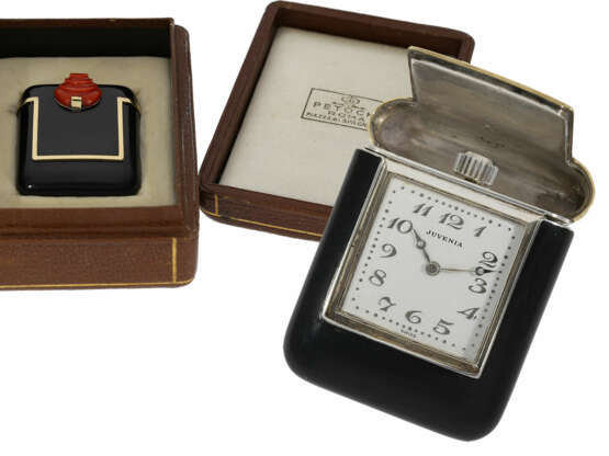 Taschenuhr/Reiseuhr: außergewöhnlich schöne Art déco Reiseuhr mit Emaille-Gehäuse und Originalbox, Atelier Juvenia für Juwelier Petochi in Rom, 30er-Jahre - Foto 1