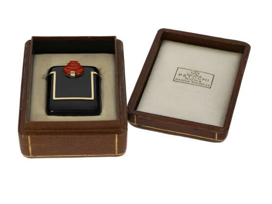 Taschenuhr/Reiseuhr: außergewöhnlich schöne Art déco Reiseuhr mit Emaille-Gehäuse und Originalbox, Atelier Juvenia für Juwelier Petochi in Rom, 30er-Jahre - photo 5