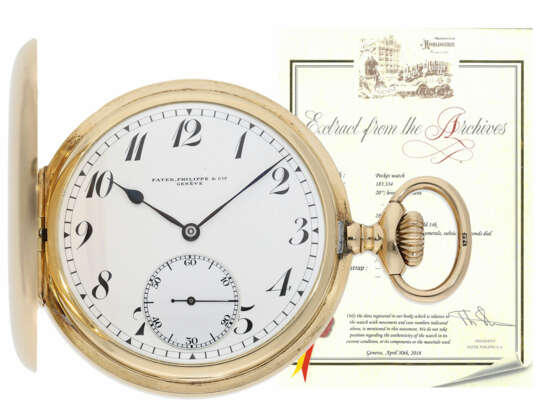 Taschenuhr: einzigartiges Patek Philippe Ankerchronometer, vermutlich ein "Piece Unique" mit skelettiertem und gravierten Prunkwerk, Stammbuchauszug und Original-Zertifikat, Genf 1916 - фото 1