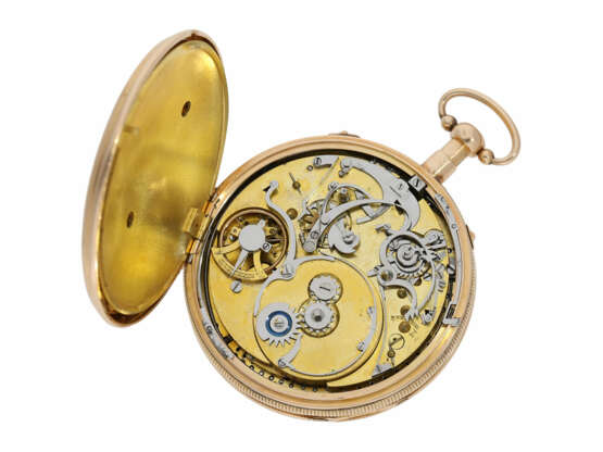 Taschenuhr: sehr gut erhaltene, rotgoldene Taschenuhr mit Repetition und Musikwerk, vermutlich Genf um 1820, signiert IPN No.1166 - Foto 2