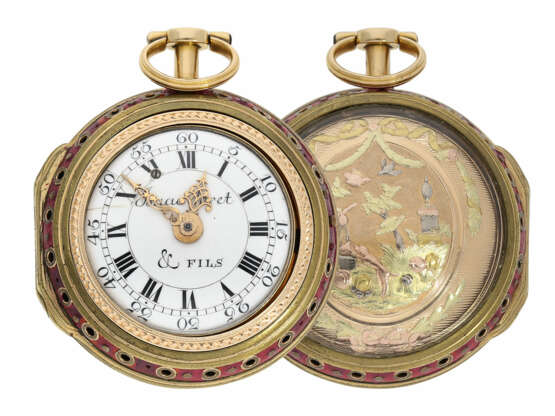 Taschenuhr: äußerst prächtige und hervorragend erhaltene 4-Farben 3-fach-Gehäuse Spindeluhr mit Repetition, bedeutender Uhrmacher, Isaac Soret No.14899, Genf ca.1750 - фото 1