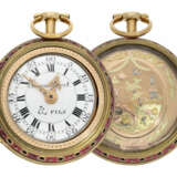 Taschenuhr: äußerst prächtige und hervorragend erhaltene 4-Farben 3-fach-Gehäuse Spindeluhr mit Repetition, bedeutender Uhrmacher, Isaac Soret No.14899, Genf ca.1750 - photo 1