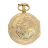 Taschenuhr: äußerst prächtige und hervorragend erhaltene 4-Farben 3-fach-Gehäuse Spindeluhr mit Repetition, bedeutender Uhrmacher, Isaac Soret No.14899, Genf ca.1750 - photo 2