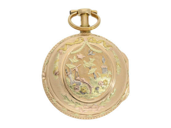 Taschenuhr: äußerst prächtige und hervorragend erhaltene 4-Farben 3-fach-Gehäuse Spindeluhr mit Repetition, bedeutender Uhrmacher, Isaac Soret No.14899, Genf ca.1750 - photo 2