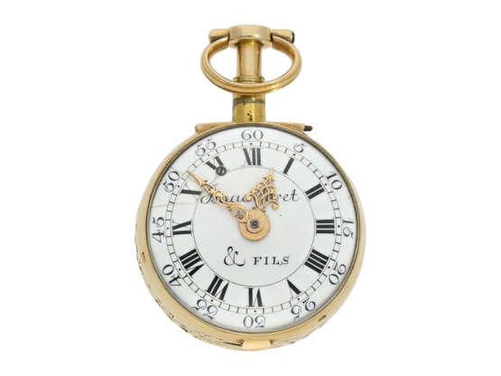 Taschenuhr: äußerst prächtige und hervorragend erhaltene 4-Farben 3-fach-Gehäuse Spindeluhr mit Repetition, bedeutender Uhrmacher, Isaac Soret No.14899, Genf ca.1750 - Foto 5