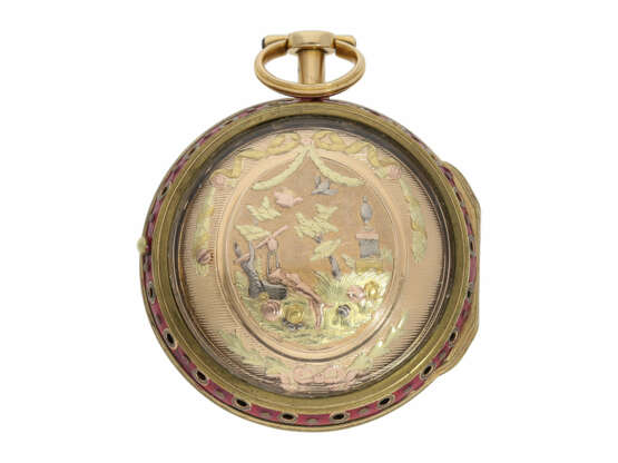 Taschenuhr: äußerst prächtige und hervorragend erhaltene 4-Farben 3-fach-Gehäuse Spindeluhr mit Repetition, bedeutender Uhrmacher, Isaac Soret No.14899, Genf ca.1750 - photo 6