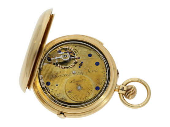 Taschenuhr: besonders schwere englische Goldsavonnette mit Minutenrepetition, Chronograph und Register, Chronometerfinish, Pearce & Sons Huddersfield, No.48872, Hallmarks London 1890 - photo 5