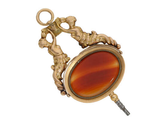 Taschenuhrenschlüssel: extrem rarer goldener Spindeluhrenschlüssel mit figürlicher Darstellung und Steinbesatz, Frankreich um 1810 - Foto 6