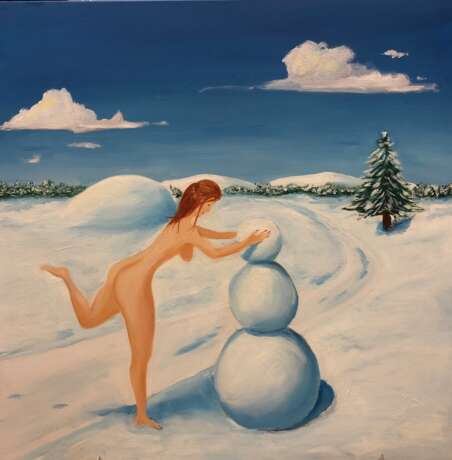 “Girl and snowman” Cardboard Oil paint Modern Landscape painting 2020 - photo 1