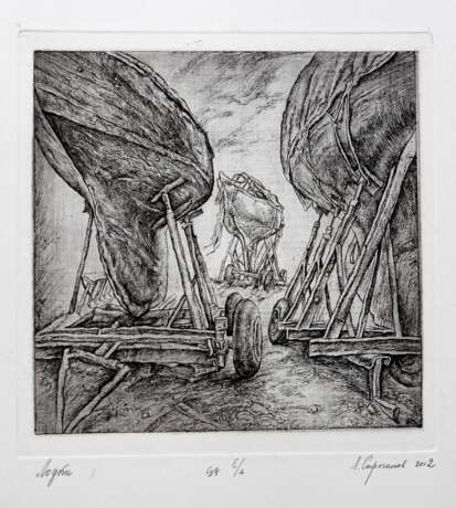 Boats Paper Etching Realism Landscape painting St. Petersburg 2011 - photo 1