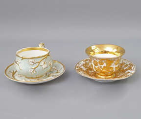 Mixed lot of 2 ceremonial cups with saucers, 19th century. Century: