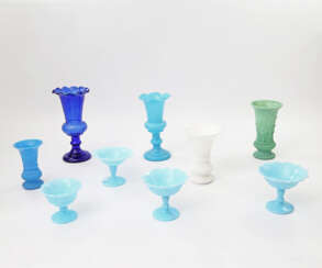 Mixed lot of 9 parts vases, and bowls, opal glass, around 1900