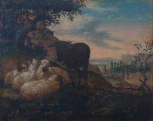 Landschaftsmaler des 18. Jahrhundert ''Schafe und Esel bei der Rast''