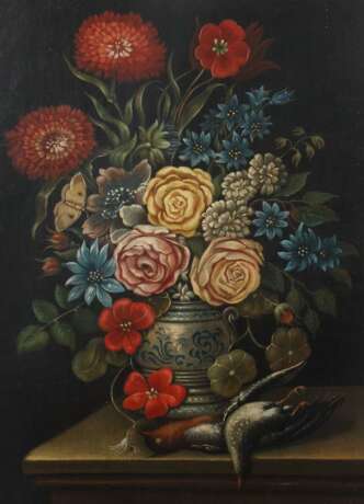 Stilllebenmaler des 18. Jahrhundert ''Blumenstillleben mit Federvieh'' - photo 1