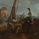Maler des 19. Jahrhundert ''Soldaten mit Pferde am Brunnen rastend'' vor Stadtsilhouette - Foto 1