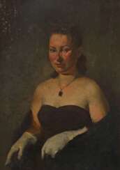 Portraitist des 20. Jahrhundert ''Damenportrait'' im schwarzen Kleid und weißen Handschuhen