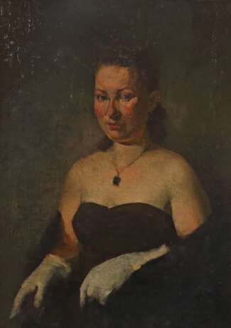 Portraitist des 20. Jahrhundert ''Damenportrait'' im schwarzen Kleid und weißen Handschuhen - Foto 1