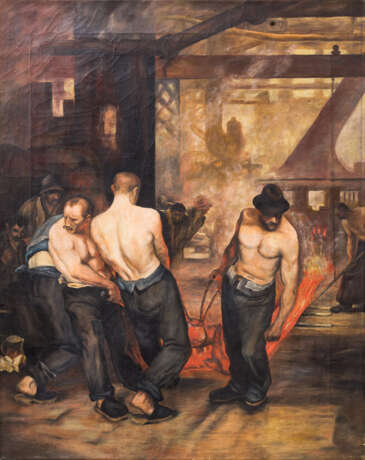 KUTZER ? (undeutl. signiert; Maler 1. Hälfte 20. Jahrhundert), "Arbeiter im Stahlwerk", - Foto 1