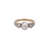 Ring mit Perle und 4 Altschliffdiamanten, zusammen ca. 0,4 ct, - Foto 1