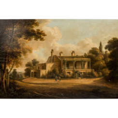 MALER/IN 19. Jahrhundert, "Romantische Landschaft mit Villa und Personen und Park",