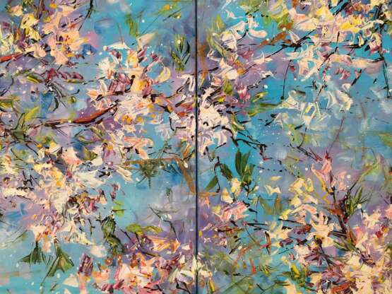 “Blossoming almond tree. Diptych” Canvas Oil paint Impressionist Landscape painting 2018 - photo 3