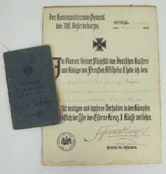 Preussen: Eisernes Kreuz, 1914, 2. Klasse Urkunde für einen Vizefeldwebel d.L.I.
