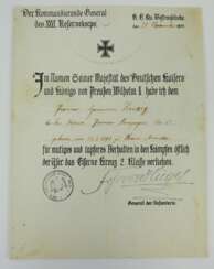 Preussen: Eisernes Kreuz, 1914, 2. Klasse Urkunde für einen Pionier des R.P.K. 52.