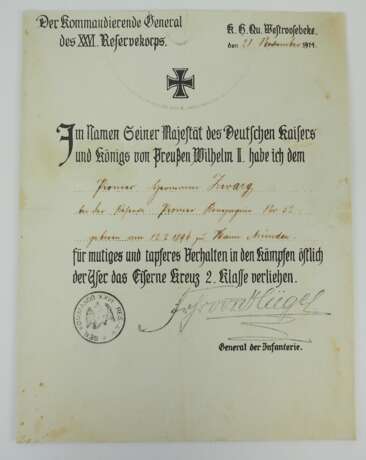Preussen: Eisernes Kreuz, 1914, 2. Klasse Urkunde für einen Pionier des R.P.K. 52. - photo 1