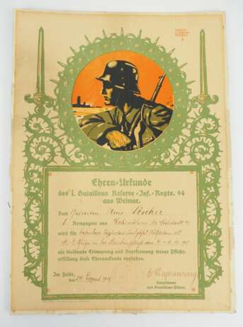 Ehren-Urkunde des I. Bataillons des R.I.R. 94 für einen Gefreiten. - photo 1