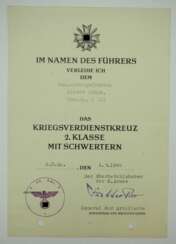 Kriegsverdienstkreuz, 2. Klasse mit Schwertern Urkunde für einen Sanitäts-Obergefreiten der San.Kp. 5 (L).