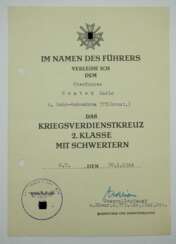 Kriegsverdienstkreuz, 2. Klasse mit Schwertern Urkunde für einen Oberfahrer der 4. Fahr-Schwadron 373 (kroat.).