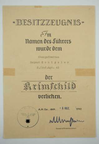 Krimschild Urkunde für einen Obergefreiten der 2./ Inf.Rgt. 42. - photo 1