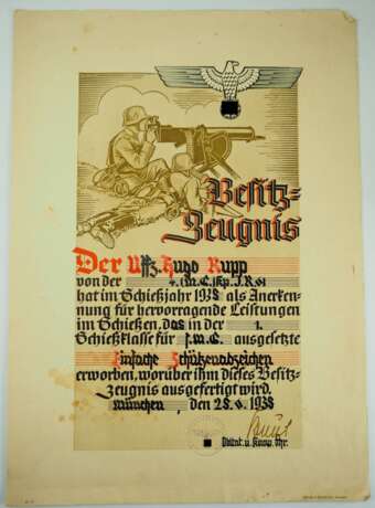 Besitz-Urkunde für einen Unteroffizier zum einfachen Schützenabzeichen s.M.G. - 4. (M.G.) Kp I.R. 61. - photo 1