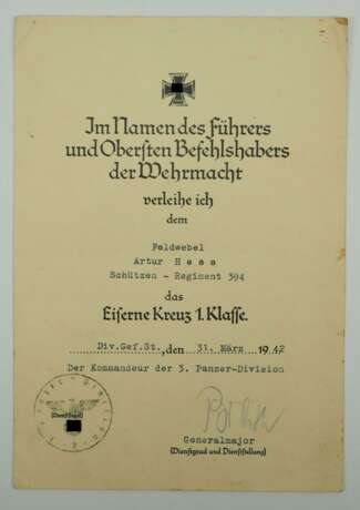 Eisernes Kreuz, 1939, 1. Klasse Urkunde für einen Feldwebel im Schützen-Regiment 394 - General der Panzertruppen Herrmann Breith. - фото 1