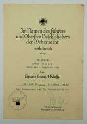 Eisernes Kreuz, 1939, 1. Klasse Urkunde für einen Feldwebel im Schützen-Regiment 394 - General der Panzertruppen Herrmann Breith.