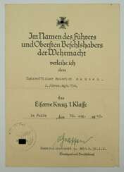 Eisernes Kreuz, 1939, 1. Klasse Urkunde für einen Unteroffizier der 2./ Gren.Rgt. 154 - Karl von Graffen.