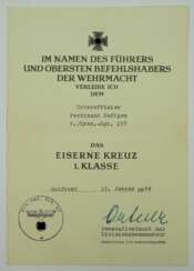 Eisernes Kreuz, 1939, 1. Klasse Urkunde für einen Unteroffizier der 4./ Gren.-Rgt. 157 - Bruno Ortner.