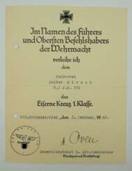 Eisenes Kreuz, 1939, 1. Klasse Urkunde für einen Feldwebel der 6./ I.R. 331 - Karl von Oven.