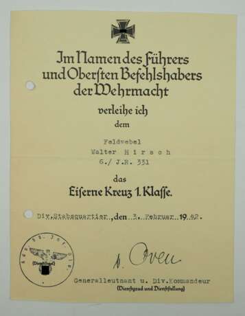Eisenes Kreuz, 1939, 1. Klasse Urkunde für einen Feldwebel der 6./ I.R. 331 - Karl von Oven. - Foto 1