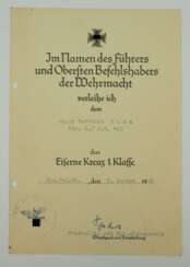 Eisernes Kreuz, 1939, 1. Klasse Urkunde für einen Major der Kdr. I./ I.R. 453 - Otto Schellert.