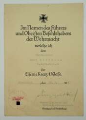 Eisernes Kreuz, 1939, 1. Klasse Urkunde für einen Wachtmeister der 9./ Artl.Regt. 30 - Karl von Tippelskirchen.