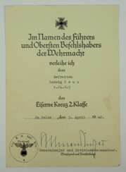 Eisernes Kreuz, 1939, 2. Klasse Urkunde für einen Gefreiten der 4./ A.R. 5 - Karl Allmendinger.