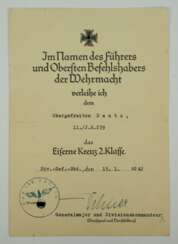 Eisernes Kreuz, 1939, 2. Klasse Urkunde für einen Obergefreiten der 11./ Infanterie-Regiment 239 - Ernst Dehner.